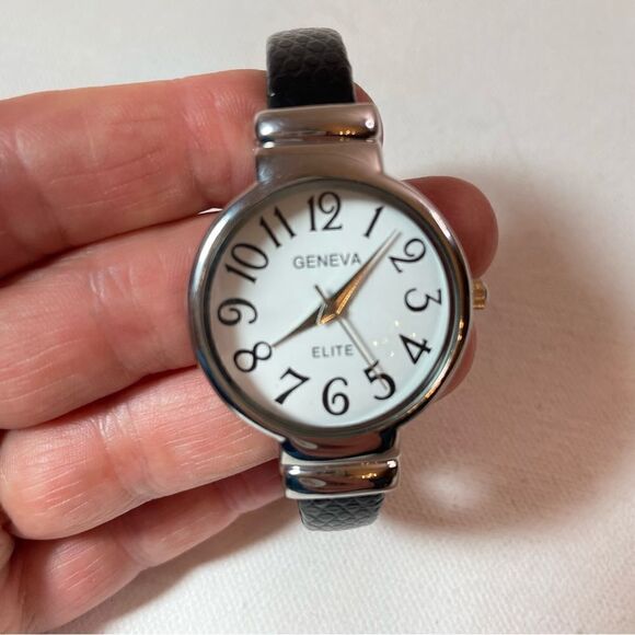 GENEVA Elite Easy to Read silver watch black leather cuff - Picture 9 of 9